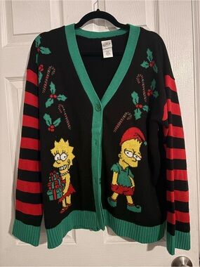 The Simpsons Festive Black & Green Women's Holiday Cardigan Sweater